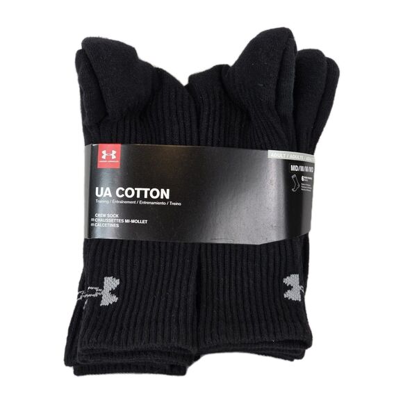 Under Armour Cotton Crew Socks Black 6 Pairs Medium Men 4-8 Womens 6-9 - Picture 1 of 6